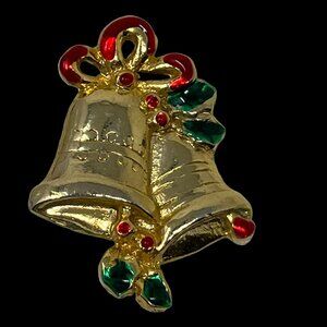Christmas Bows Bells Brooch‎ Gold Tone Enamel Vintage Holiday Pin